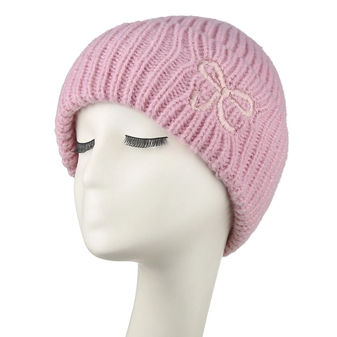 Women Knitted Beanie Hat Acrylic Thick Warm Ribbed Winter Cap With Bow Embroidery For Students