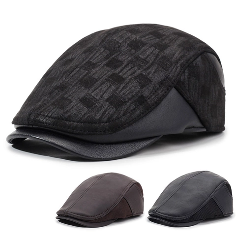 Mens PU Leather Ivy Cap Winter Warm Flat Cap With Ear Flaps Windproof Newsboy Hat For Outdoor Leisure Style