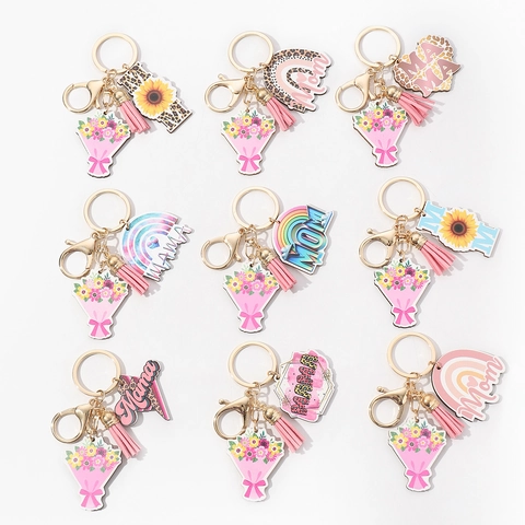 Portachiavi in Legno Mom Mama per la Festa della Mamma Con Nappina Rosa Fiori Leopardo Arcobaleno Portachiavi in Lega Regalo per Donna
