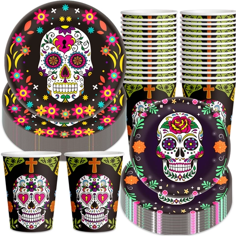 Day Of The Dead Halloween Disposable Tableware Paper Plates Cups Plastic Knives Forks Spoons Sugar Skull Floral Pattern
