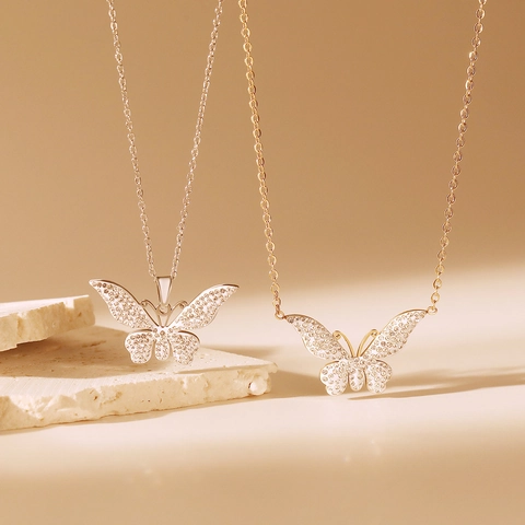 Collana Con Pendente A Farfalla Acciaio Inossidabile Zircone Brillante Strass Catena Clavicola Gioielli Donna