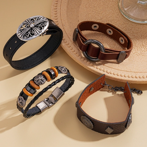 Pulsera De Cuero Multicapa Vintage Punk Trenzada Tejida Cuentas De Madera Aleación Cruz Flor Encanto Joyería Retro Mujer Hombre