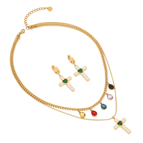 Double Layer Necklace Cross Earrings Stainless Steel Rhinestone Colorful Water Drop Pendants Heart Green Gem Jewelry For Women