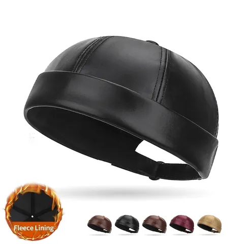 Retro PU Leather Docker Hat Fleece Lined Warm Winter Brimless Cap For Men Women Adjustable Solid Color Yuppie Style