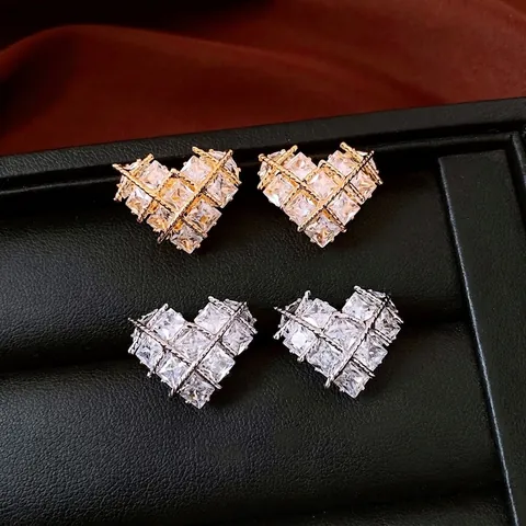 Heart Stud Earrings Elegant Grid Square Cubic Zirconia Copper 18k Gold Plated With Silver Earring Post For Women