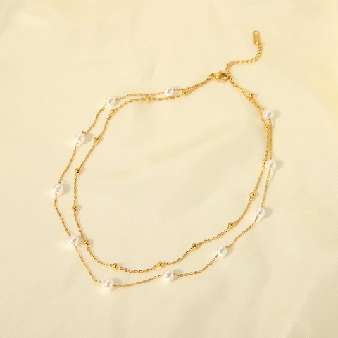 Collar De Varias Capas Chapado En Oro De 18K Acero Inoxidable Con Perlas Artificiales De Imitación Blancas Elegante Cadena Para Mujer