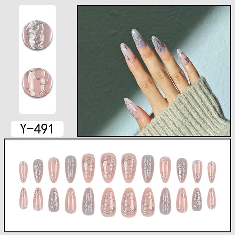 Long Almond Press On Nails Pink Grey Color Blocking Silver Glitter Stars Fashionable Artificial False Fingernails Manicure