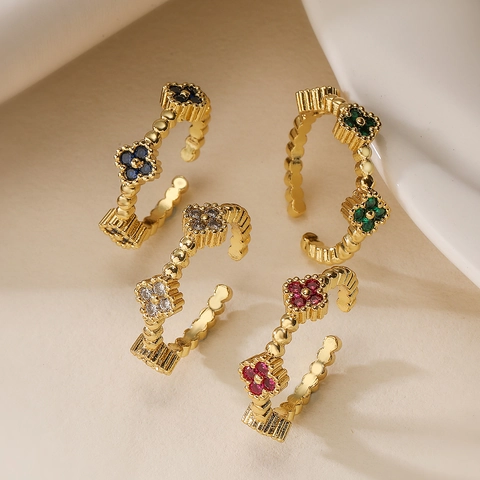 Adjustable Open Ring Copper 18K Gold Plated Zircon Flower Four Leaf Clover Beaded Texture Elegant Jewelry For Women