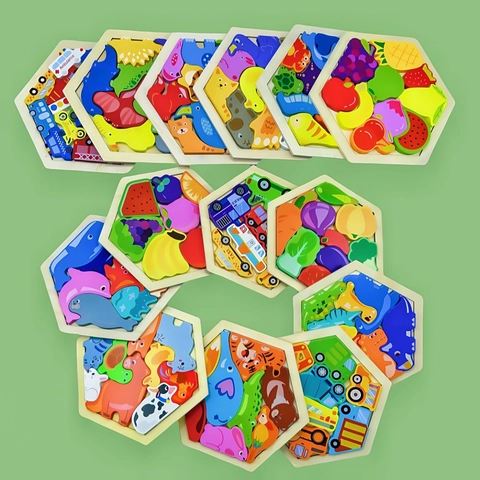 Wooden Hexagonal Puzzle Matching Board Montessori Educational Toys Cognitive Enlightenment Animals Transportation Fruit For Kids