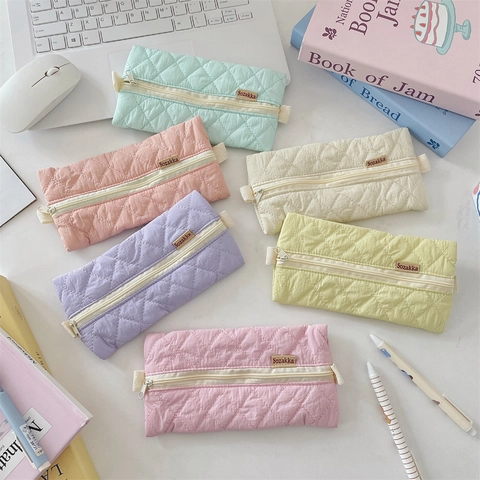 Pencil Case Quilted Rhombus Pattern Large Capacity Polyester Zipper Stationery Storage Bag Macaron Color For Students Girls