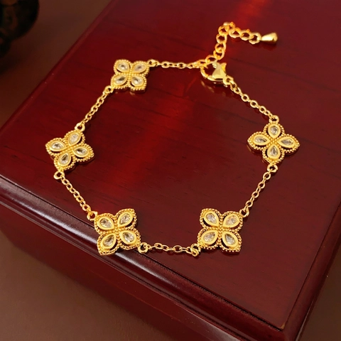 Clover Flower Bracelet Copper Pear Shaped Zircon Elegant Luxury Adjustable Jewelry For Women Gold Color