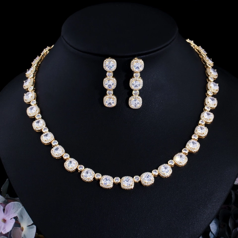 Luxus Kupfer Zirkonia Schmuckset Für Damen Elegant Voll Zirkon Halskette Ohrringe Set Gold Silber Überzogen Braut Party Accessoire