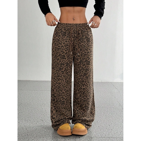 Damen Leopardenmuster Weite Hose Elastischer Bund Kordelzug Casual Locker Karierte Hosen Streetwear Fashion Tasche Hosen