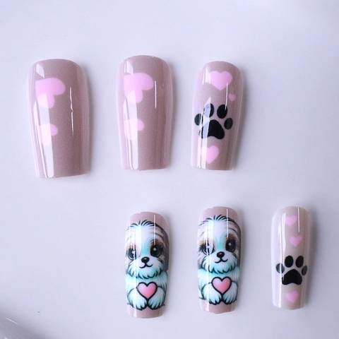 Cartoon Dog Press On Nails Heart Paw Print Design Medium Long Square Shape Coffin False Nails Cute Sweet Style