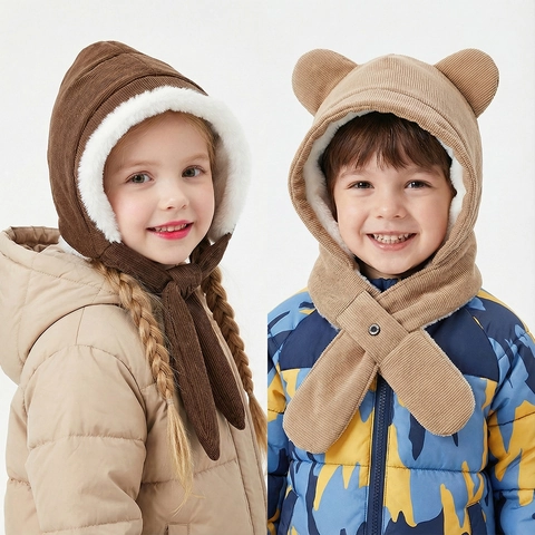 Kinder Winter Cordhut Mit Ohrenschutz Kunstfell Gefüttert Warm Winddicht Kapuzenschal Kleinkind Süße Mütze
