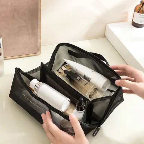 Mesh Makeup Bag Nylon Large Capacity Portable Handle Travel Toiletry Pouch Transparent Minimalist Zipper Organizer