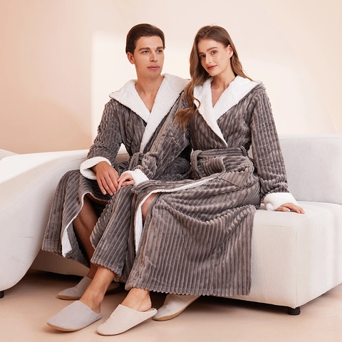 Long Hooded Bathrobe Flannel Striped Warm Sleepwear Plush Trim Belted Casual Home Robe For Men And Women