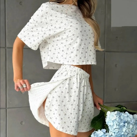 Damen Schlafanzug Oberteil Und Shorts Herz Kirschdruck Polyester Elastan Lochstickerei Kurzarm Loungewear