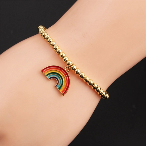 Pulsera De Cuentas De Cobre Chapado En Oro Con Colgante De Arcoíris De Esmalte Colorido Joyería Elástica Para Mujeres