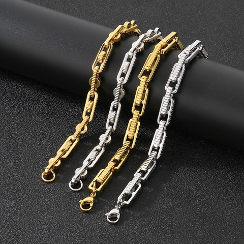 Men Stainless Steel Motorcycle Bracelet Retro Industrial Punk Square Link Chain Gold Silver Jewelry For Male