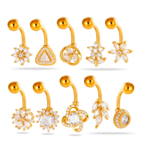 Stainless Steel Navel Ring Zircon Heart Flower Geometric Curved Barbell Body Piercing Jewelry For Women Fashion Accessory