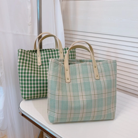 Plaid Tote Handtasche Vintage Canvas Stoff Mit PU Ledergriff Reißverschluss Große Kapazität Lässig Für Frauen