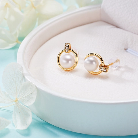 Freshwater Pearl Stud Earrings With Cubic Zirconia Accents Gold Plated Circle Frame And 925 Sterling Silver Earring Post