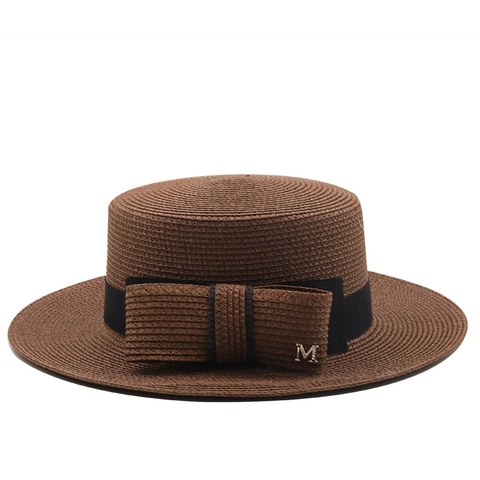 Women Straw Boater Hat Flat Top Sun Protection Beach Vacation Ribbon Bowknot Vintage Elegant Style Accessory