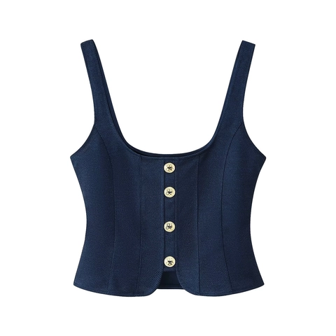 Women Sleeveless Vest Top And High Waist Wide Leg Pants Twill Polyester Gold Button Decor Belted Street Style Navy Blue