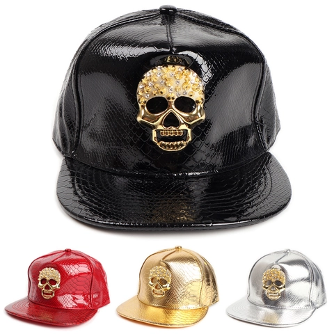 Gorra De Béisbol De Cuero PU Patrón Cocodrilo Calavera De Metal Diamantes De Imitación Ajustable Sombrero Hip Hop Punk