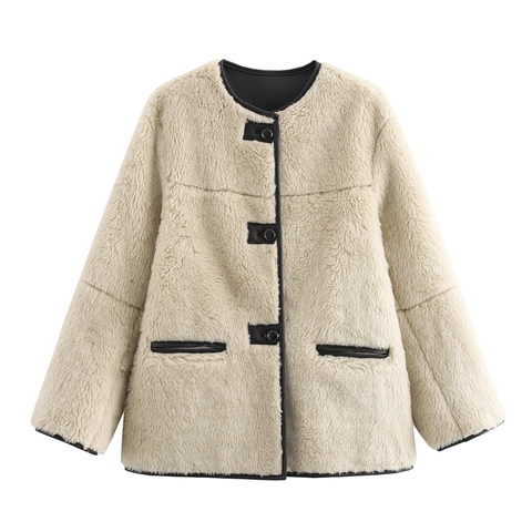 Giacca In Pelliccia Sintetica Da Donna Cappotto In Peluche Girocollo Monopetto Con Finiture In Pelle PU Calda Casual