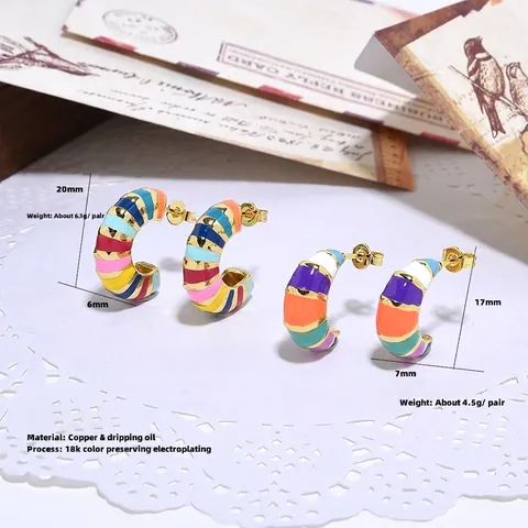 Colorful Enamel Rainbow Stripe C-Shaped Stud Earrings Gold Plated Copper Retro Geometric Jewelry For Women
