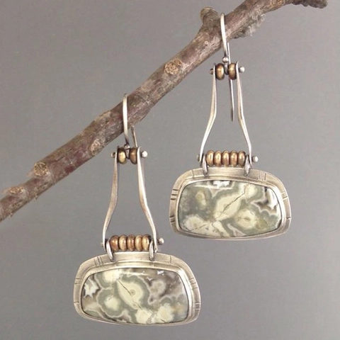 Retro Geometric Drop Earrings Natural Stone Agate Alloy Hook Bohemian Style Jewelry For Women