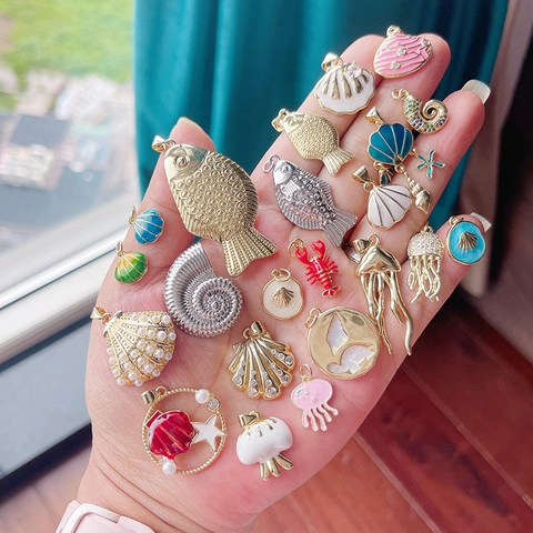 Oceaan Thema Legering Emaille Zeewezen Hangers Zirkonia Ingelegd Schelp Kreeft Zeester Kwal Charms Voor DIY Sieraden Maken