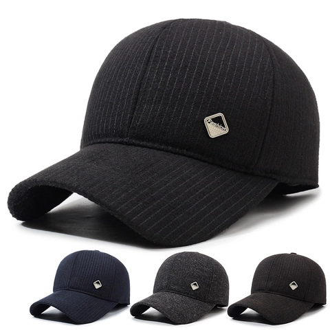 Men Winter Baseball Cap Striped Woolen Fabric Warm Windproof Earflap Protection Outdoor Casual Fashion Metal Tag Hat