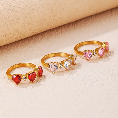 Light Luxury Niche Design Heart Zirconia Stainless Steel Ring For Women Japanese Style Three Heart Stone Inlaid Band Jewelry Accessory