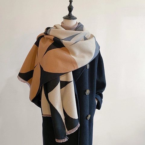 Women's Cashmere-like Acrylic Scarf Winter Warm Geometric Color Block Shawl With Tassels Soft Oversized Wrap Scarf