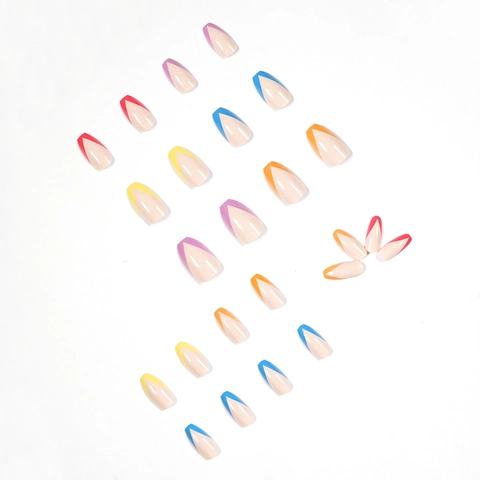 Faux Ongles French En Forme De V Pointes Arc-En-Ciel Colorées Amande Base Rose Nude Pour Femmes Manucure DIY