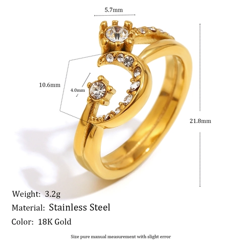 Moon And Star Crescent Ring 18K Gold Plated Stainless Steel Cubic Zirconia Fashion Jewelry For Women