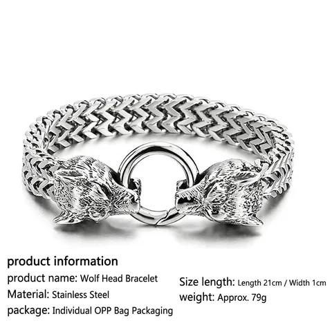 Men Stainless Steel Wolf Head Bracelet Viking Franco Link Chain Retro Animal Jewelry Gothic Punk Style Accessory
