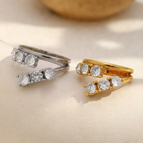 Double Layer Zircon Ring Stainless Steel 18K Gold Plated Geometric Romantic Adjustable Open Finger Jewelry Women