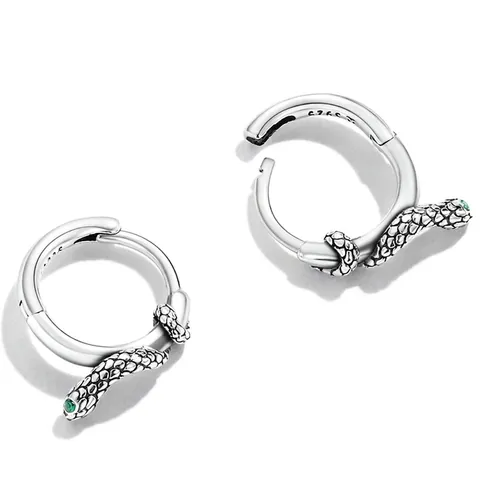 Snake Hoop Earrings 925 Sterling Silver With Green Zircon Eyes Vintage Texture Animal Ear Buckles For Women