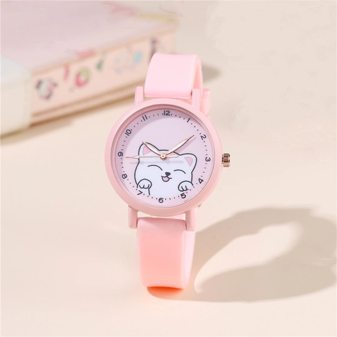 Cartoon Cat Pattern Quartz Watch Silicone Strap Alloy Case Analog Wristwatch For Girls Students Casual Cute Timepiece