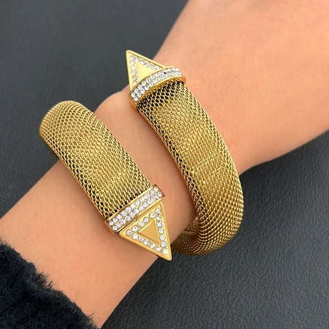 Hip Hop Stainless Steel Mesh Open Bangle Women Gold Silver Plated Triangle Rhinestone Pave Adjustable Spiral Bracelet Jewelry