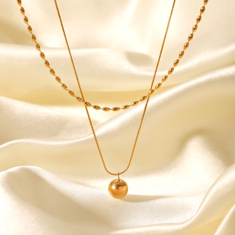 Double Layer Necklace Stainless Steel Oval Bead Twist Chain Ball Pendant Trendy Geometric Jewelry For Women