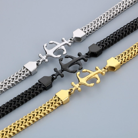 Bracciale Uomo Acciaio Inossidabile Pendente Ancora Nautico Doppio Strato Catena Intrecciata