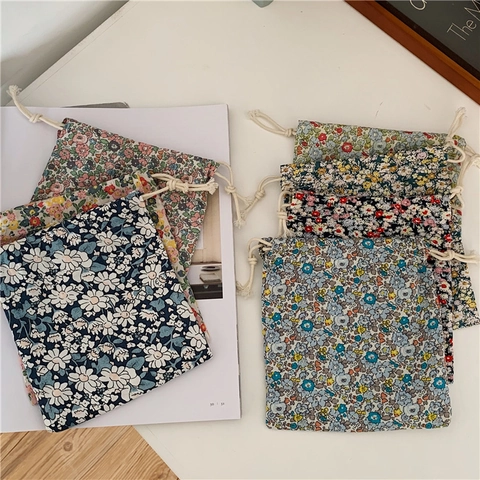 Floraler Kordelzugbeutel Baumwollstoff Leicht Tragbar Schmuck Kosmetik Aufbewahrung Vintage Japanischer Stil Damen Mädchen