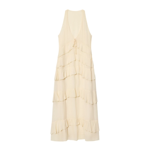 Women Elegant Chiffon Maxi Dress Deep V Neck Sleeveless Layered Ruffles Tiered Cake Long Dress Party Clubwear Sexy Summer
