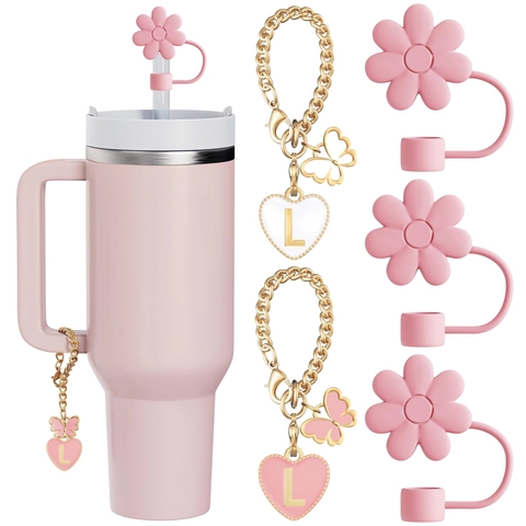 Initial Herz Charm Metallkette Für Bechergriff Rosa Blume Silikon Strohhalmabdeckung Staubschutzkappe Dekoratives Zubehör