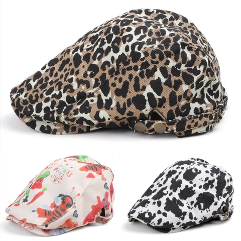 Vintage Leopard Cow Graffiti Print Flat Cap Cotton Polyester Adjustable Ivy Hat For Women Fashion Casual Newsboy Cap